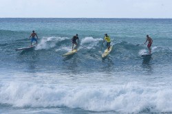 Zane, Casper, Kai and Slater surf the same wave to the line in the Sprint Race Final // pic © JD Photo Fairy