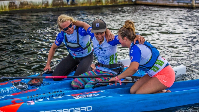 Team Starboard's Sonni Honscheid, Olivia Piana and Fiona Wylde